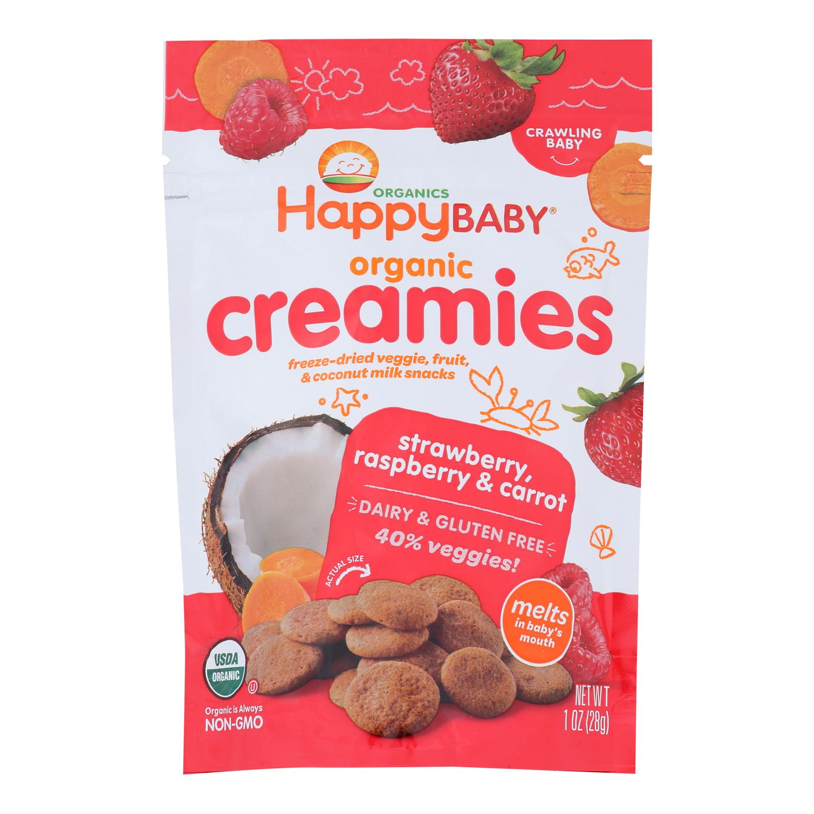 HAPPYBABY 1oz ORGANIC CREAMIES SNACKS STRAWBERRY & RASPBERRY