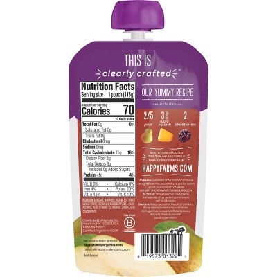 HAPPYBABY 4oz CLEARLY CRAFTED PEARS SQUASH & BLACKBERRIES