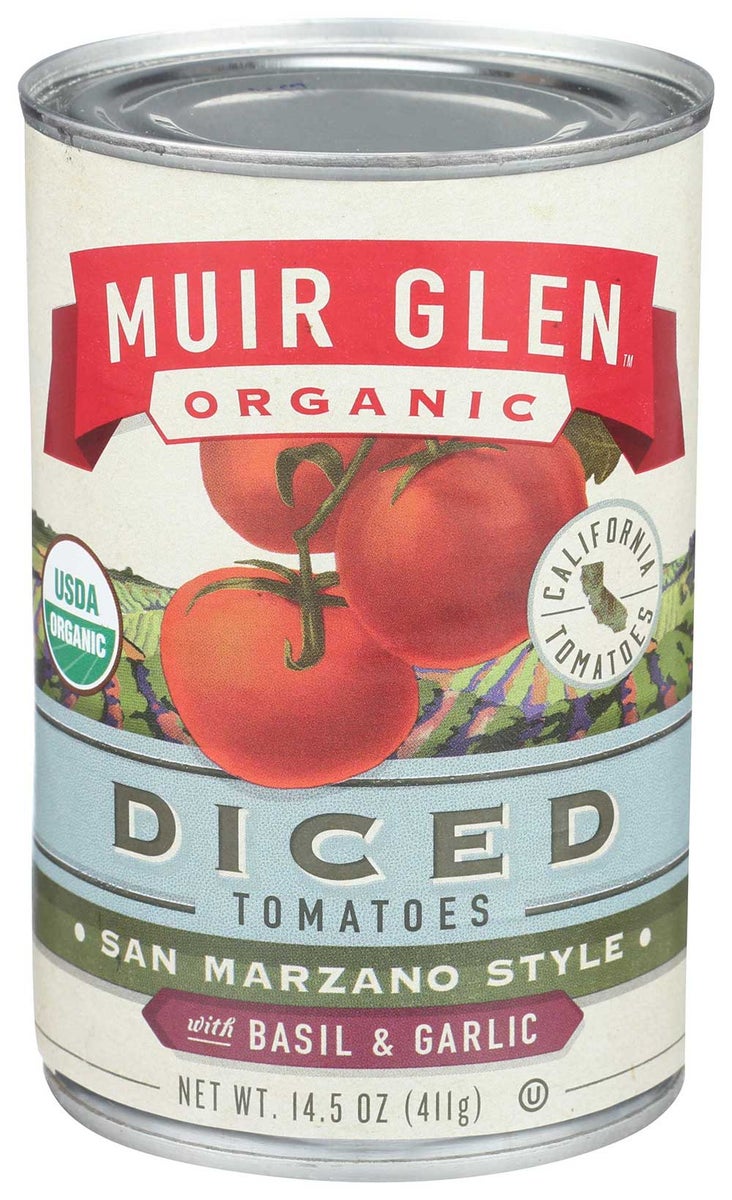 MUIR GLEN 14.5 OZ DICED TOMATOES BASIL AND GARLIC TOMATO
