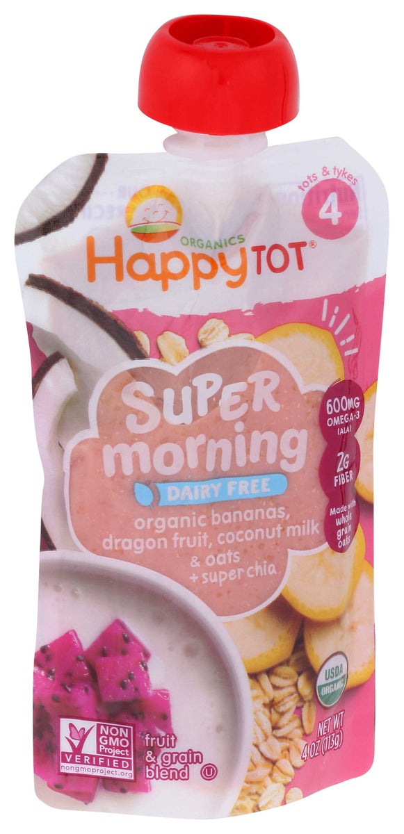 HAPPYTOT 4oz ORGANIC STAGE 4 SUPER MORNING BANANA DRAGONFRUIT COCONUT MILK BABY FOOD