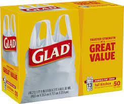 GLAD 50ct HANDLE TIE BAGS TALL KITCHEN 13GALLON