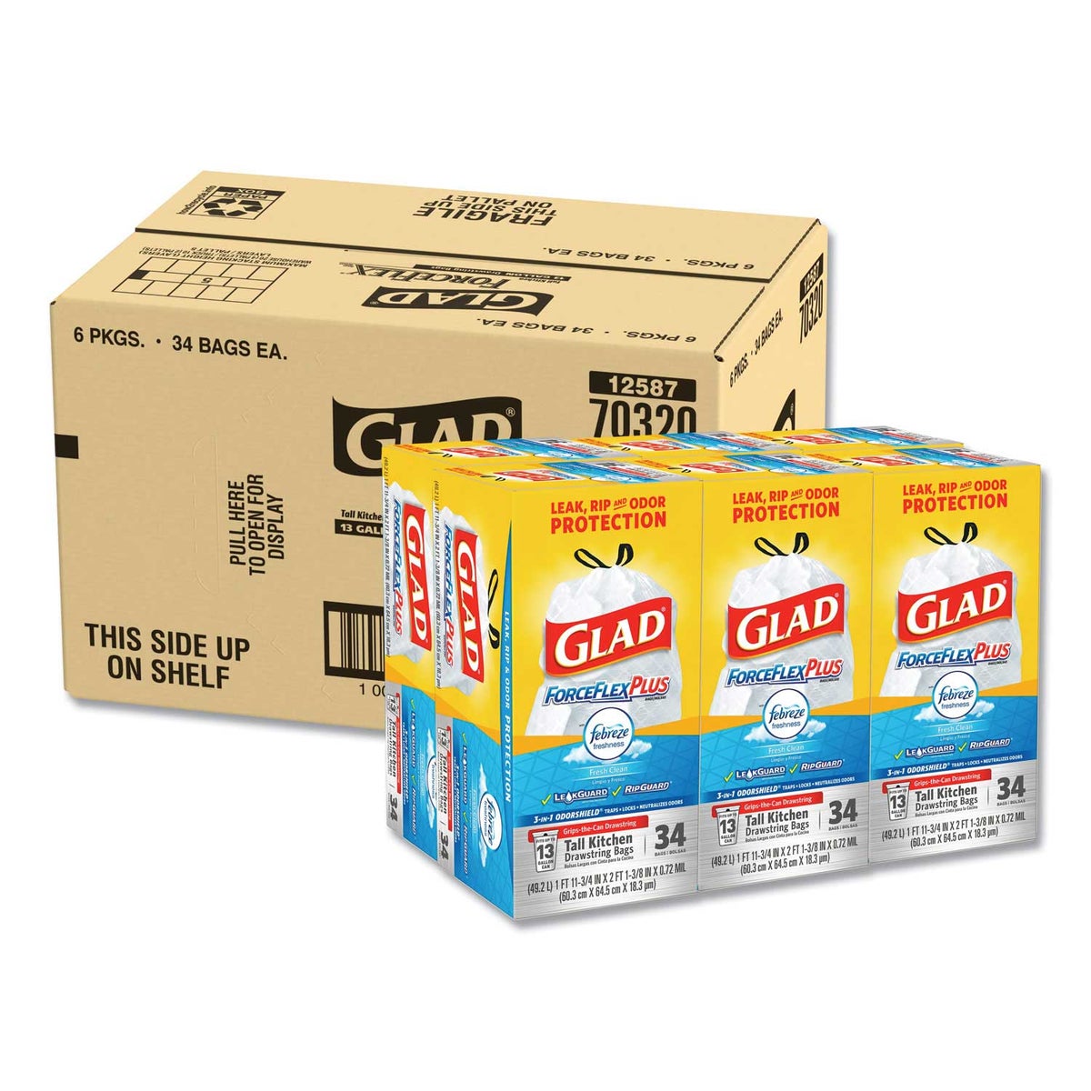 Glad Force Flex Plus White Odor Shield 0.9 Mil Tall Kitchen Drawstring Trash Bag, 24 x 28 inch -- 204 per case