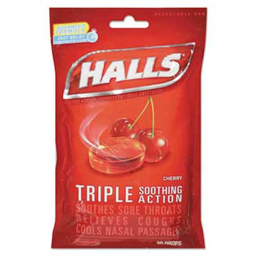HALLS TRIPLE ACTION COUGH DROPS, CHERRY, 30/BAG