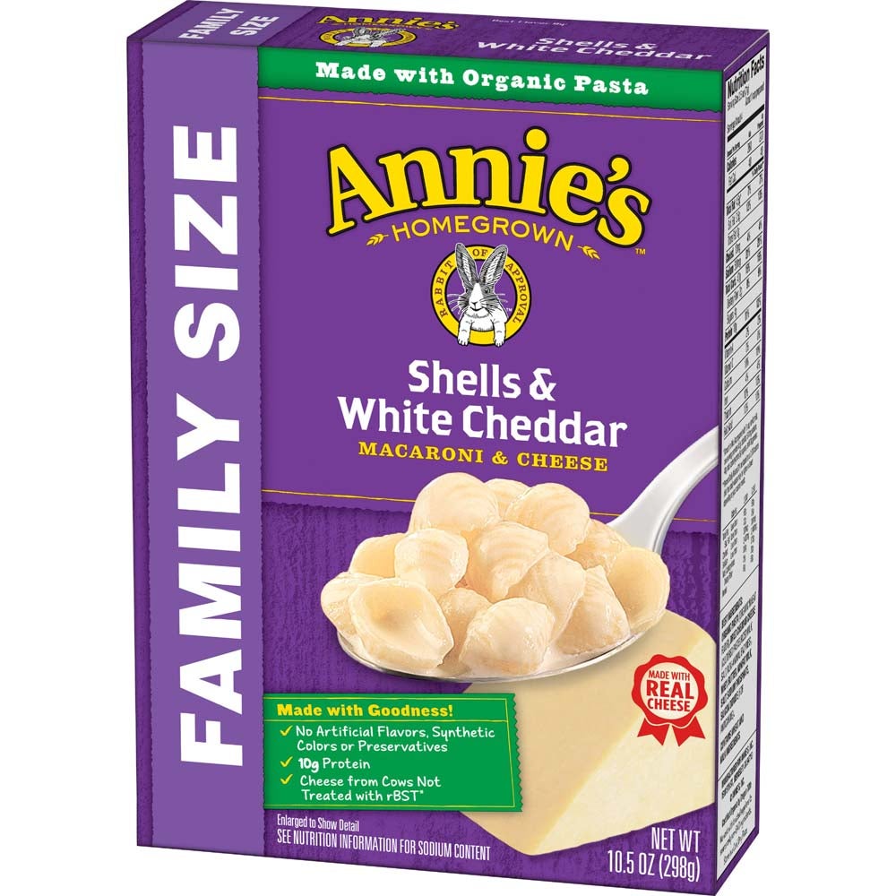 ANNIE'S HOMEGROWN 6oz FAMILY SIZE SHELLS & WHITE CHEDDAR MACARONI & CHEESE