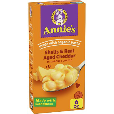 ANNIE'S HOMEGROWN 6oz MACARONI AND CHEESE SHELLS AND REAL AGED CHEDDAR  