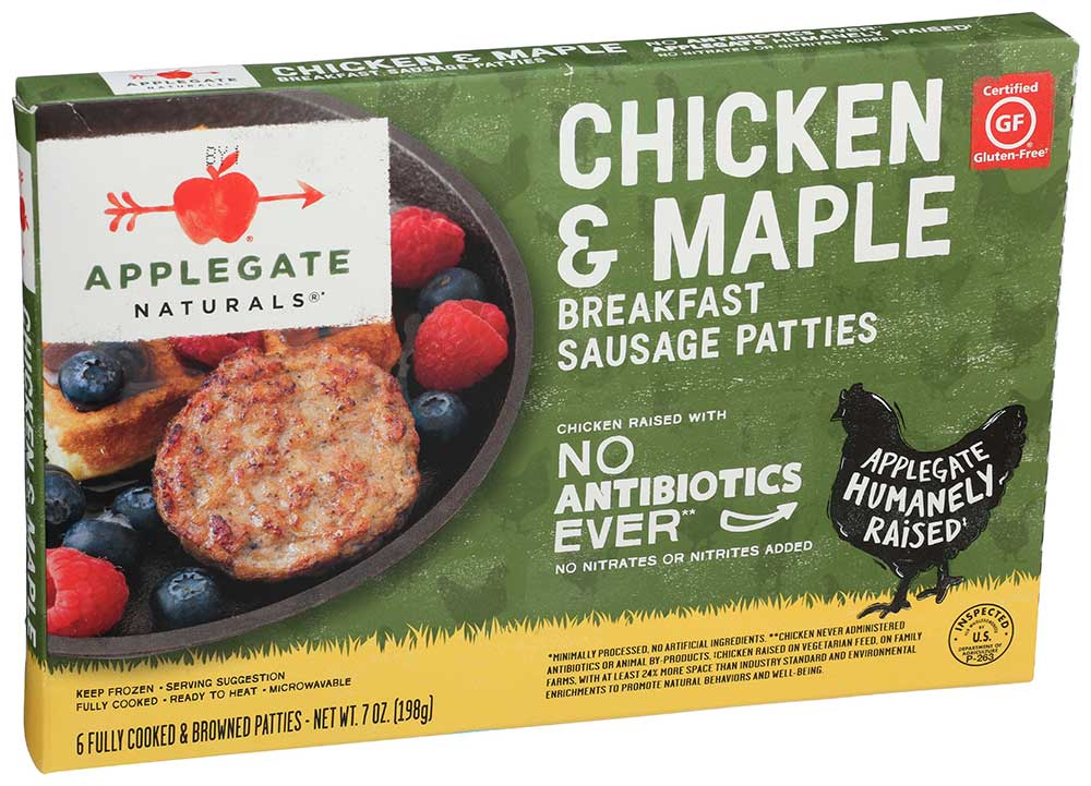 APPLEGATE FARMS 7OZ NATURAL CHICKEN AND MAPLE BREAKFAST SAUSAGE PATTIES