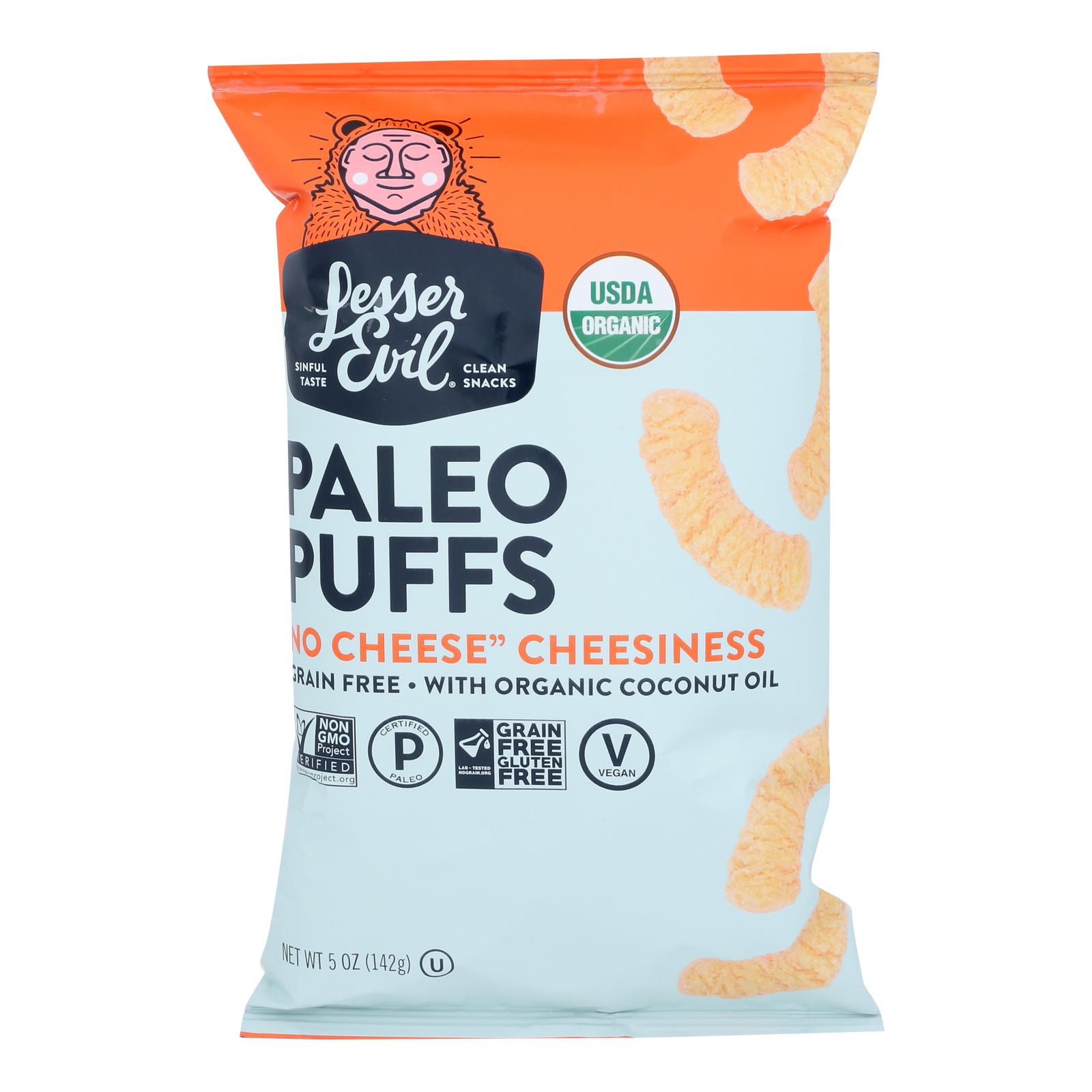 LESSER EVIL PUFFS 5oz  CRUNCHY NO CHEESE CHEESINESS 