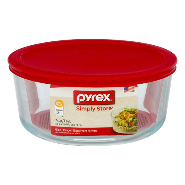 PYREX-ROUND-BAKE DISH RED COVER 7CUP 1.65 LT GLASS STORAGE 