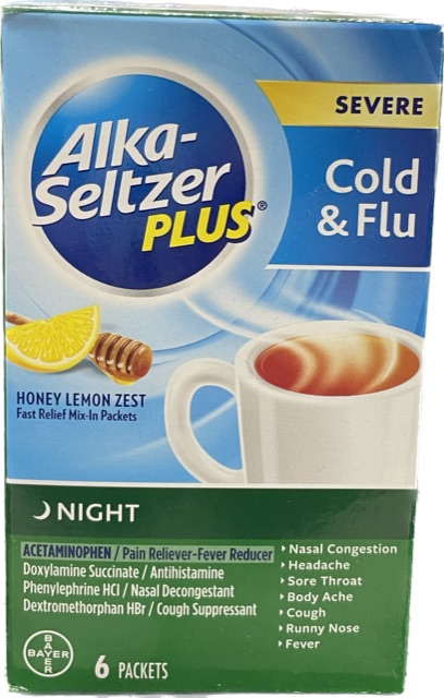 ALKA SELTZER 6pk PLUS COLD FLU HONEY LEMON ZEST NIGHT