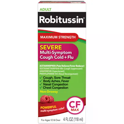 ROBITUSSIN 4floz SEVERE MULTI-SYMPTOM COUGH COLD + FLU RASPBERRY